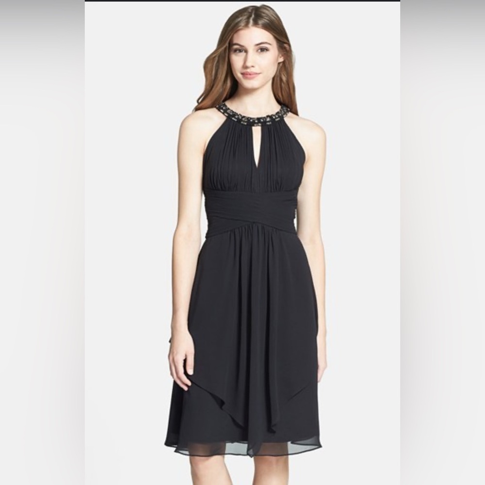 Eliza J Embellished Neck Layered Chiffon Fit & Flare Dress size 10